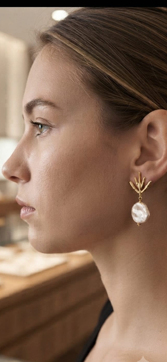 Golden Branch Pendant with Hanging Pearl 38 mm