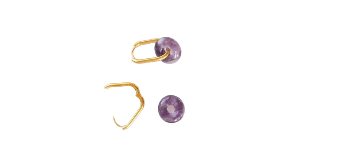 Rectangular Hoop Earrings with Natural Amethyst Circle