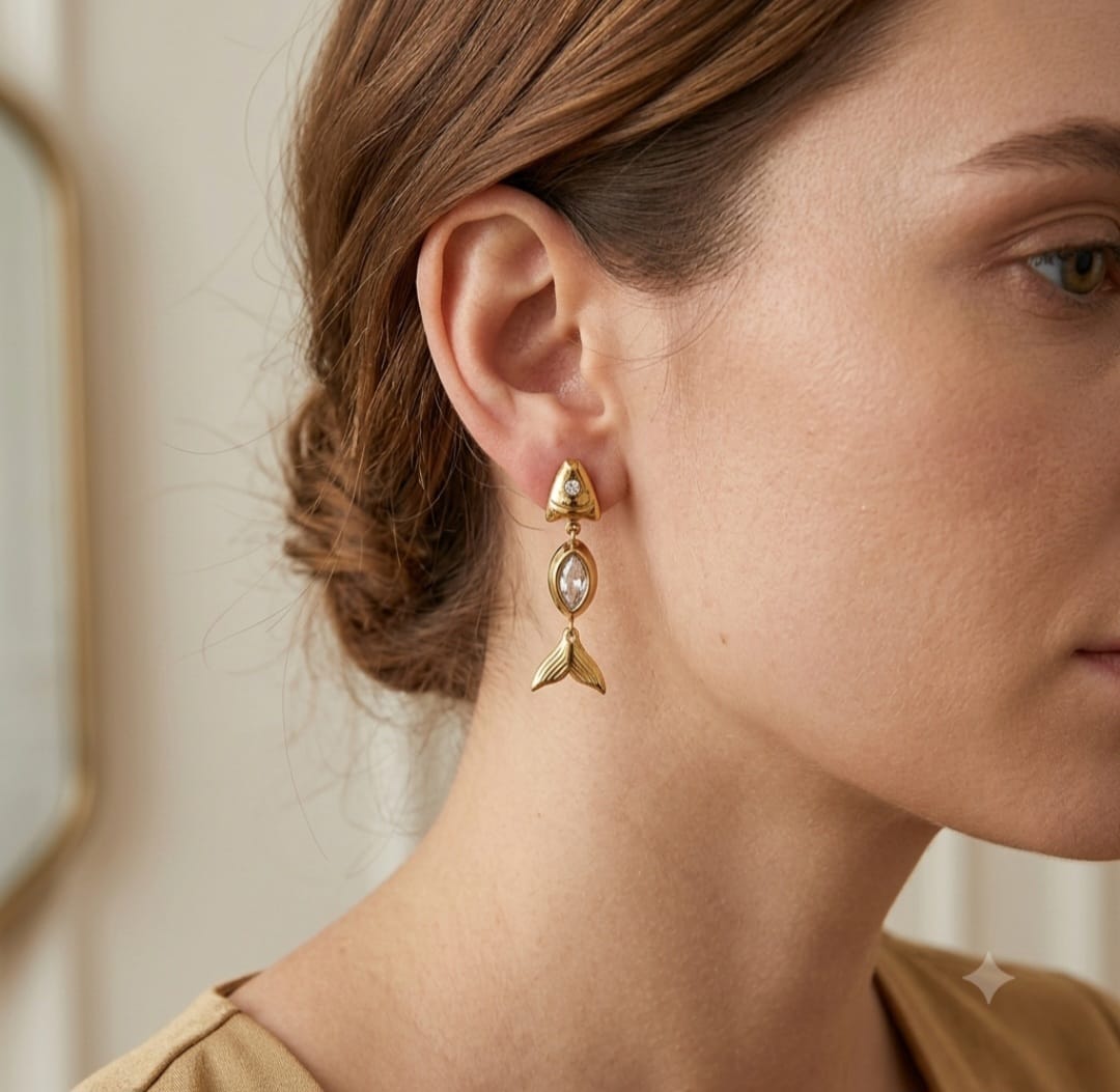 Pendientes Pez Articulado de Acero Dorado con Circonita