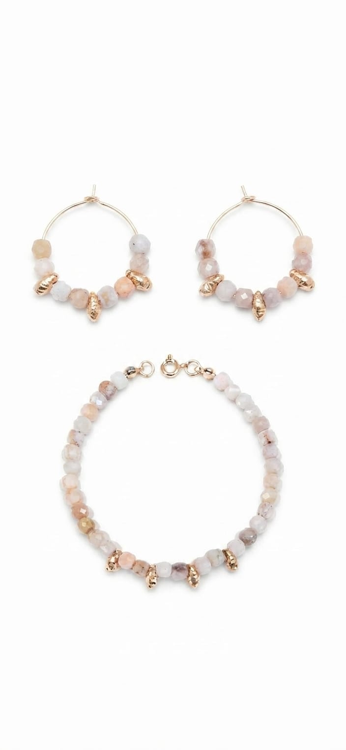 Conjunto de pulsera y aros de ópalo rosa con pepitas doradas sobre fondo blanco