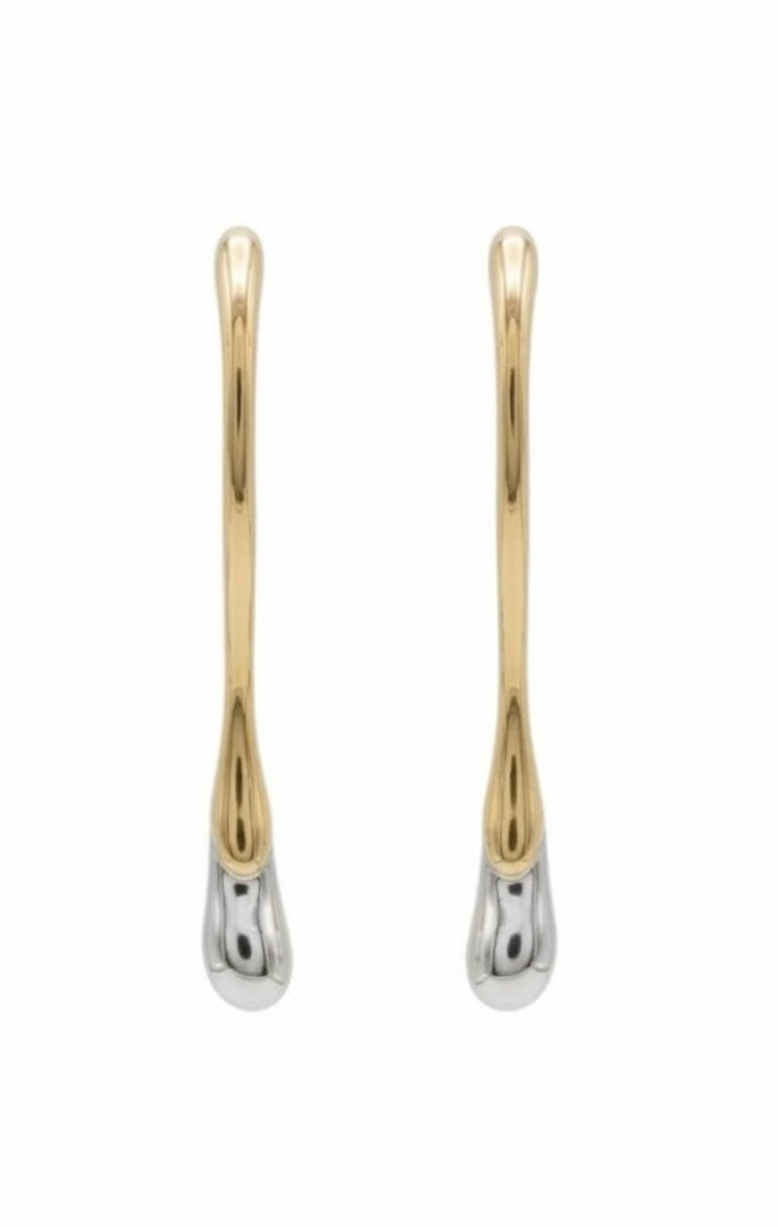 Pendientes largos bicolor dorado y plateado vista lateral par