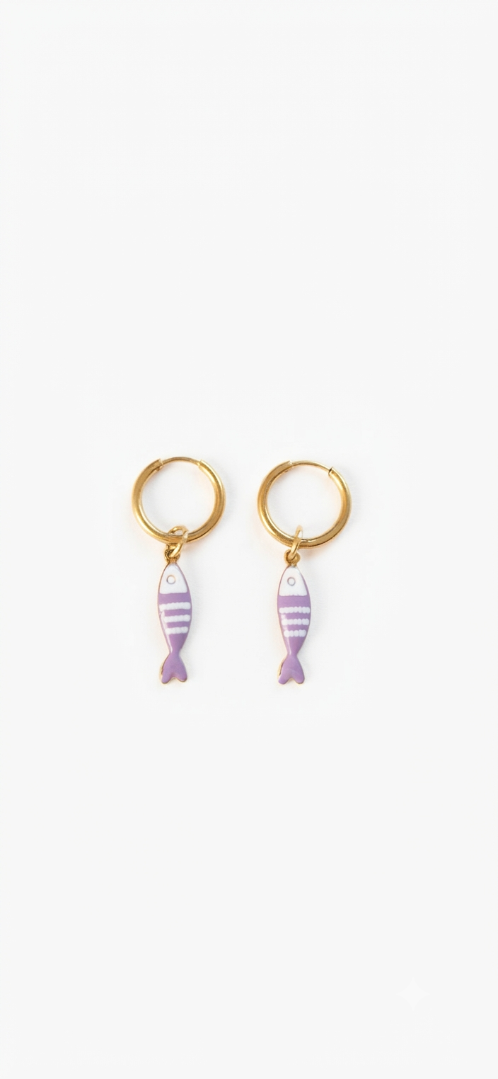 Pendientes aro pez esmaltado lila