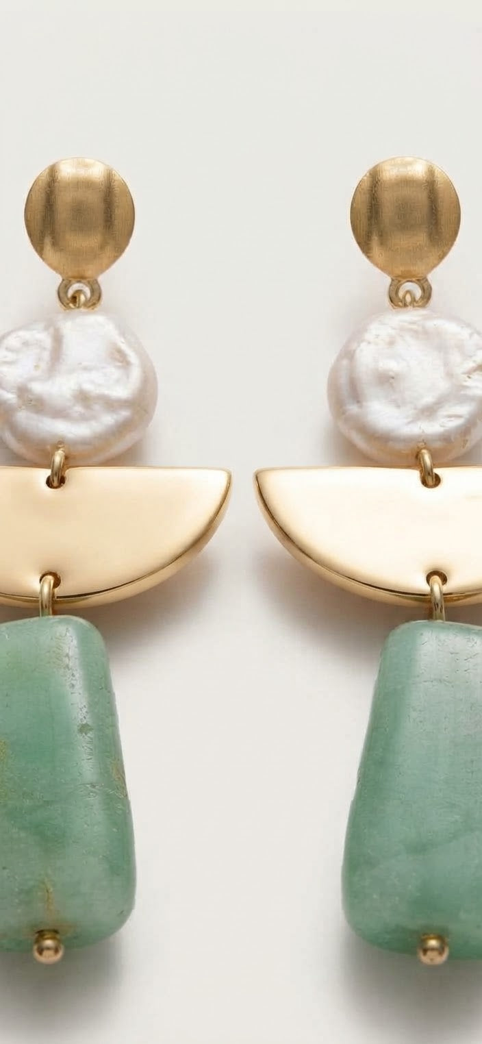 Pendientes Geométricos Perla y Resina Verde Agua