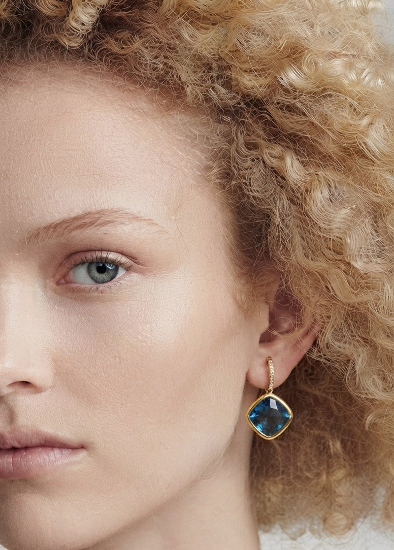 Cushion Aquamarine Drop Earrings with Gold Pavé Hoop