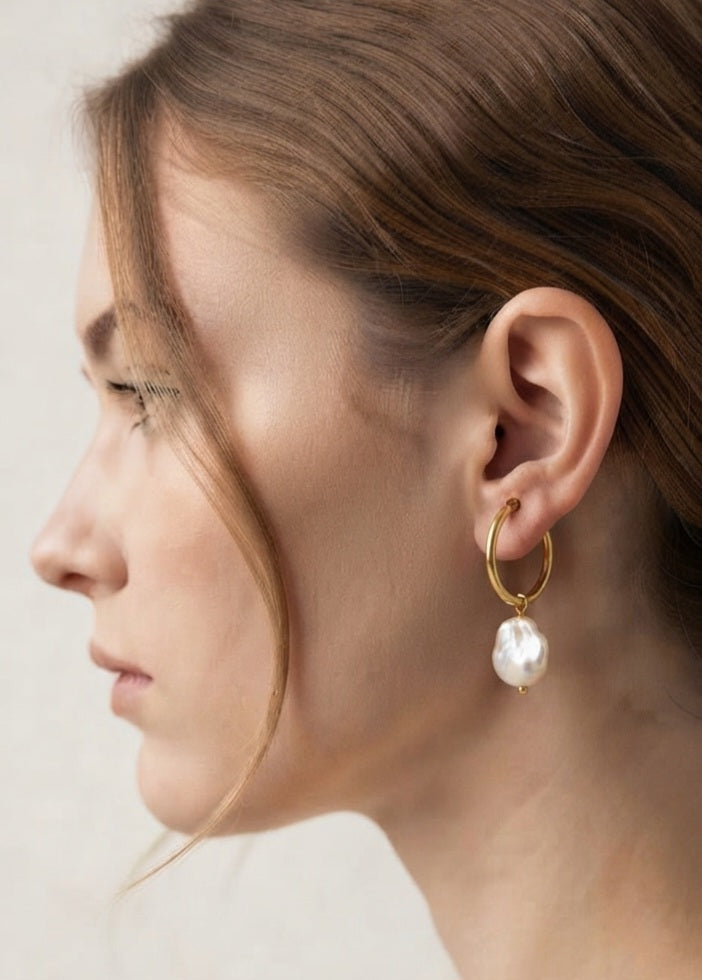 30mm Gold Plated Stainless Steel Hoop Earrings with Synthetic Pearl Pendant