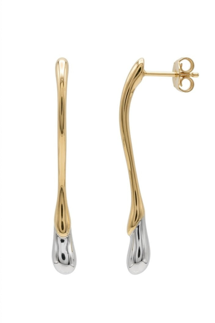 Pendientes largos bicolor dorado y plateado vista frontal par