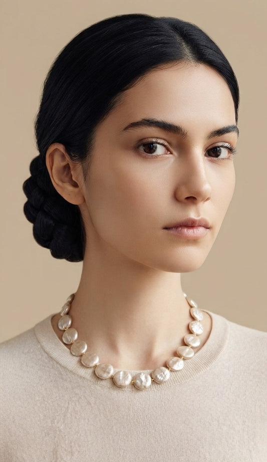 Collar Perlas Moneda Blancas Cierre Dorado