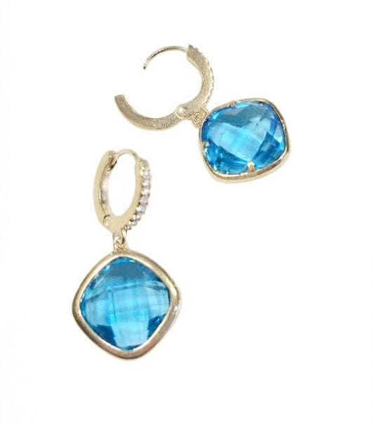Cushion Aquamarine Drop Earrings with Gold Pavé Hoop
