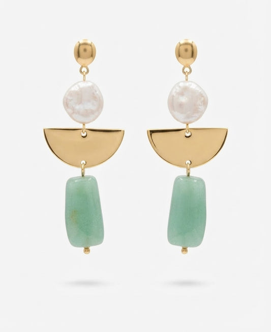 Pendientes Geométricos Perla y Resina Verde Agua