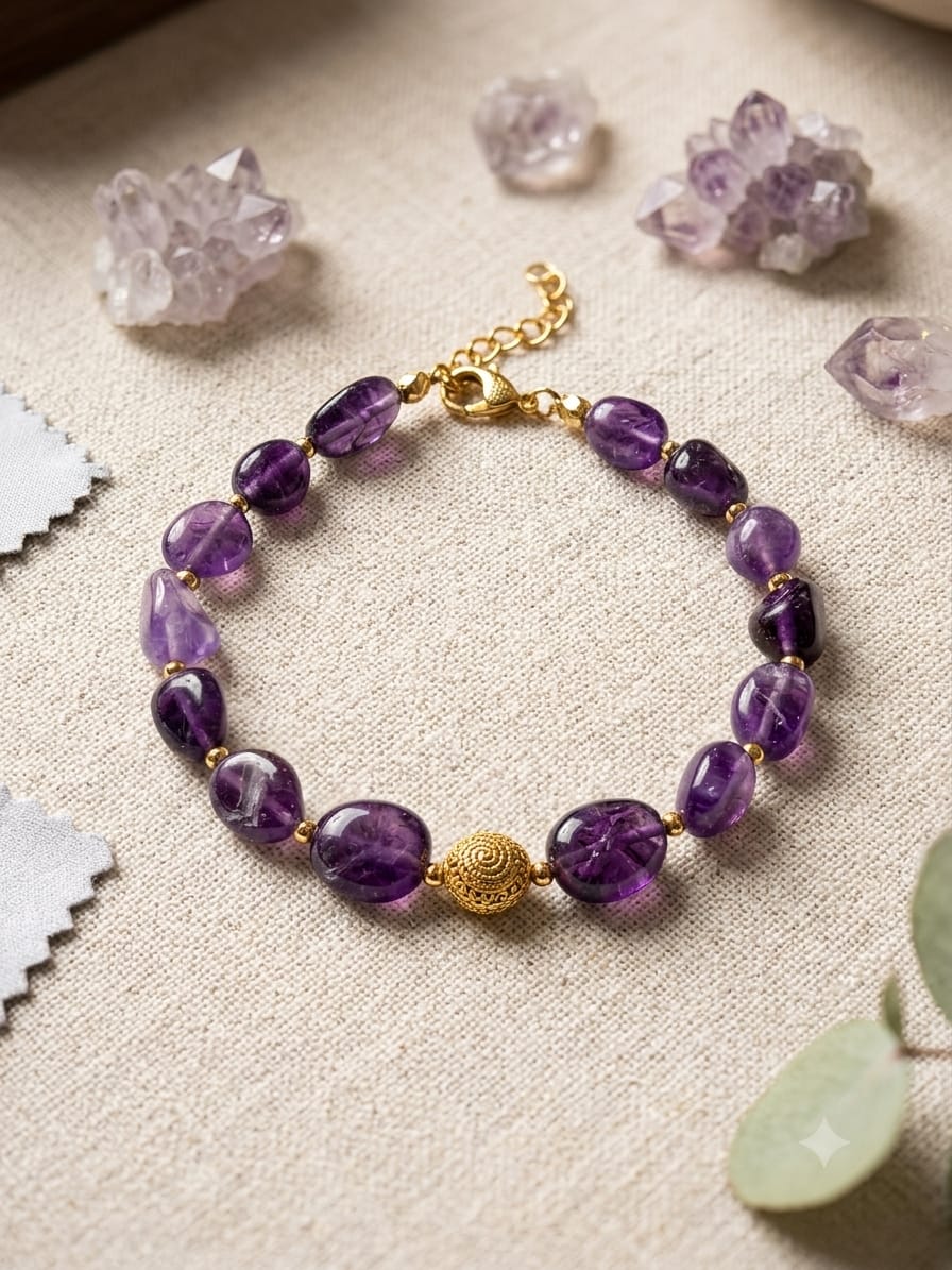 Pulsera de Amatista Natural con Entrepiezas de Acero Dorado y Cierre Mosquetón