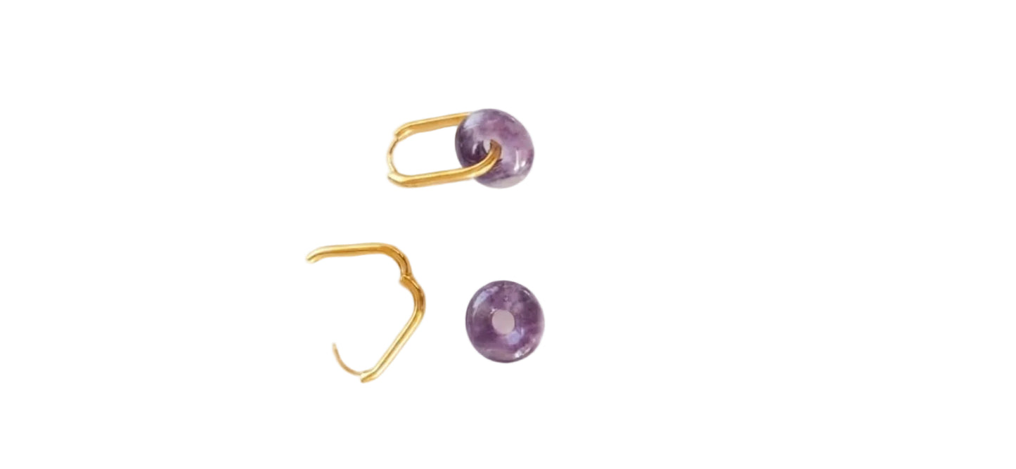 Rectangular Hoop Earrings with Natural Amethyst Circle