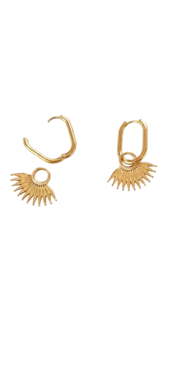 Gold Rectangular Hoop Earrings with Filigree Fan Design