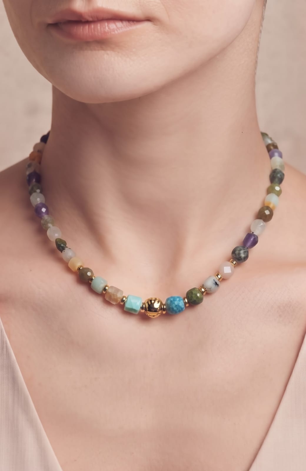 Collar de piedras naturales multicolor con bola de acero