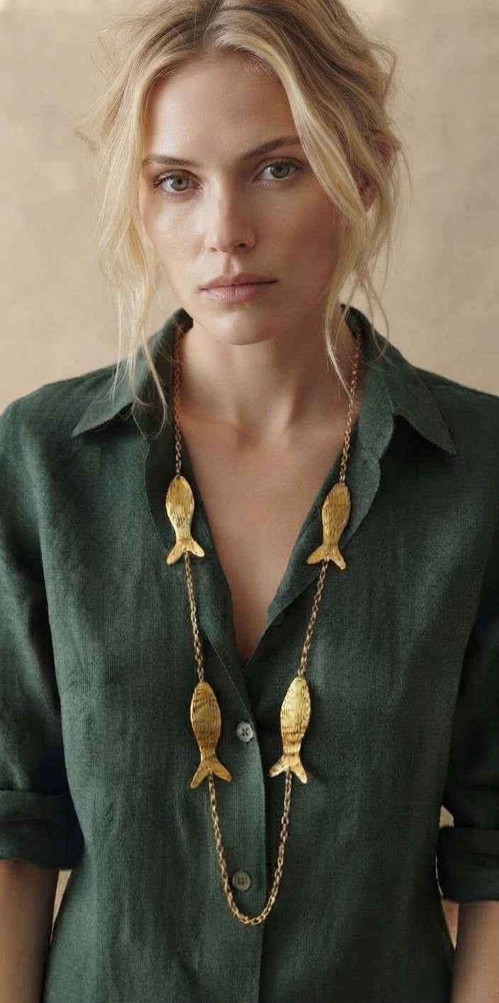 Modelo luciendo collar largo peces dorados