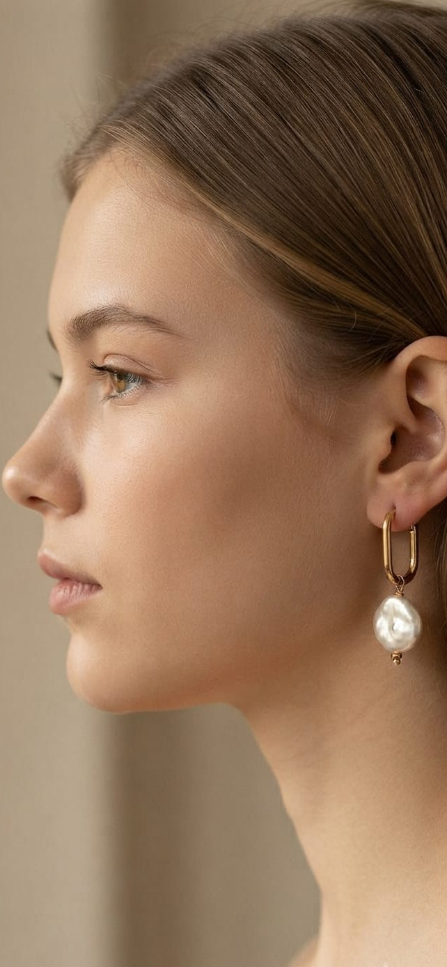 Aro Rectangular Dorado con Perla Colgante 24 mm