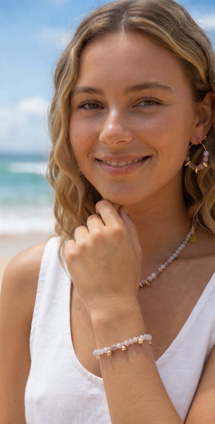 Modelo mostrando pulsera y collar de ópalo rosa con pepitas doradas