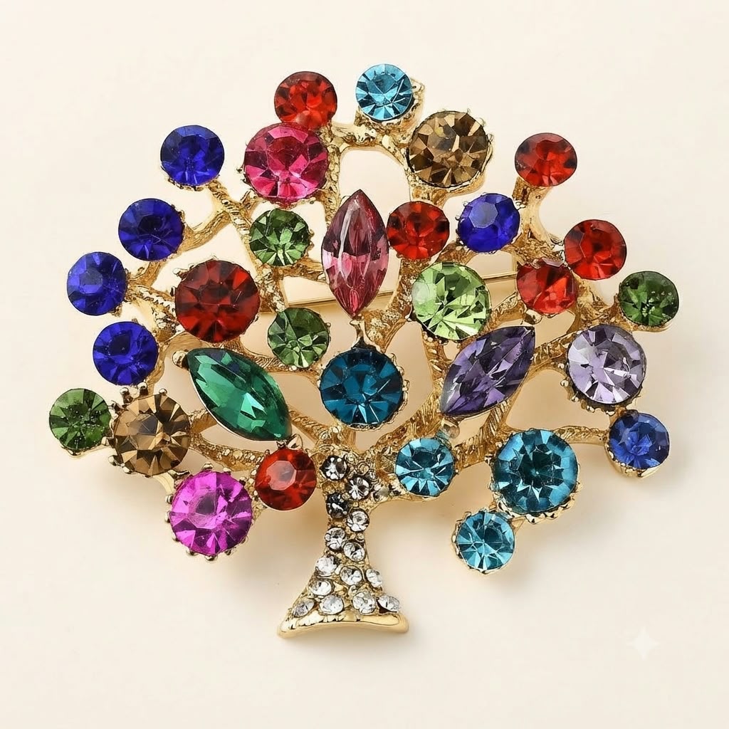 Broche árbol de la vida cristales multicolor dorado - vista frontal fondo claro