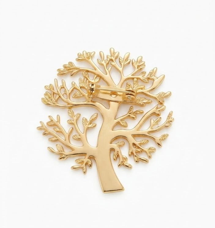 Broche árbol de la vida acero dorado vista frontal