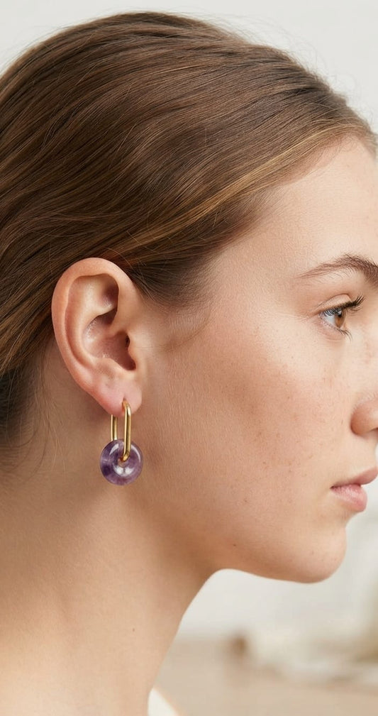 Rectangular Hoop Earrings with Natural Amethyst Circle