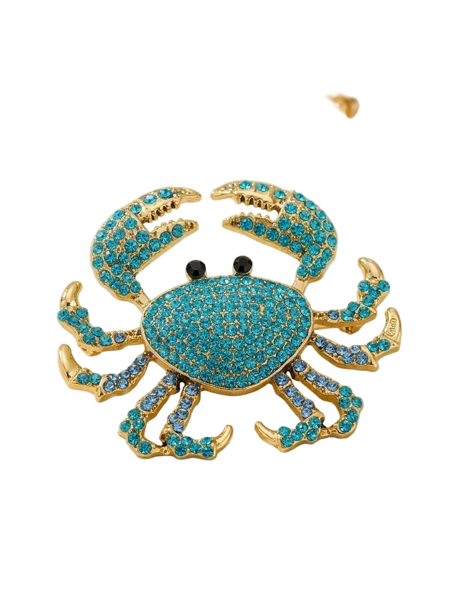 Crab Brooch - Gold-Plated Alloy with Turquoise Crystals