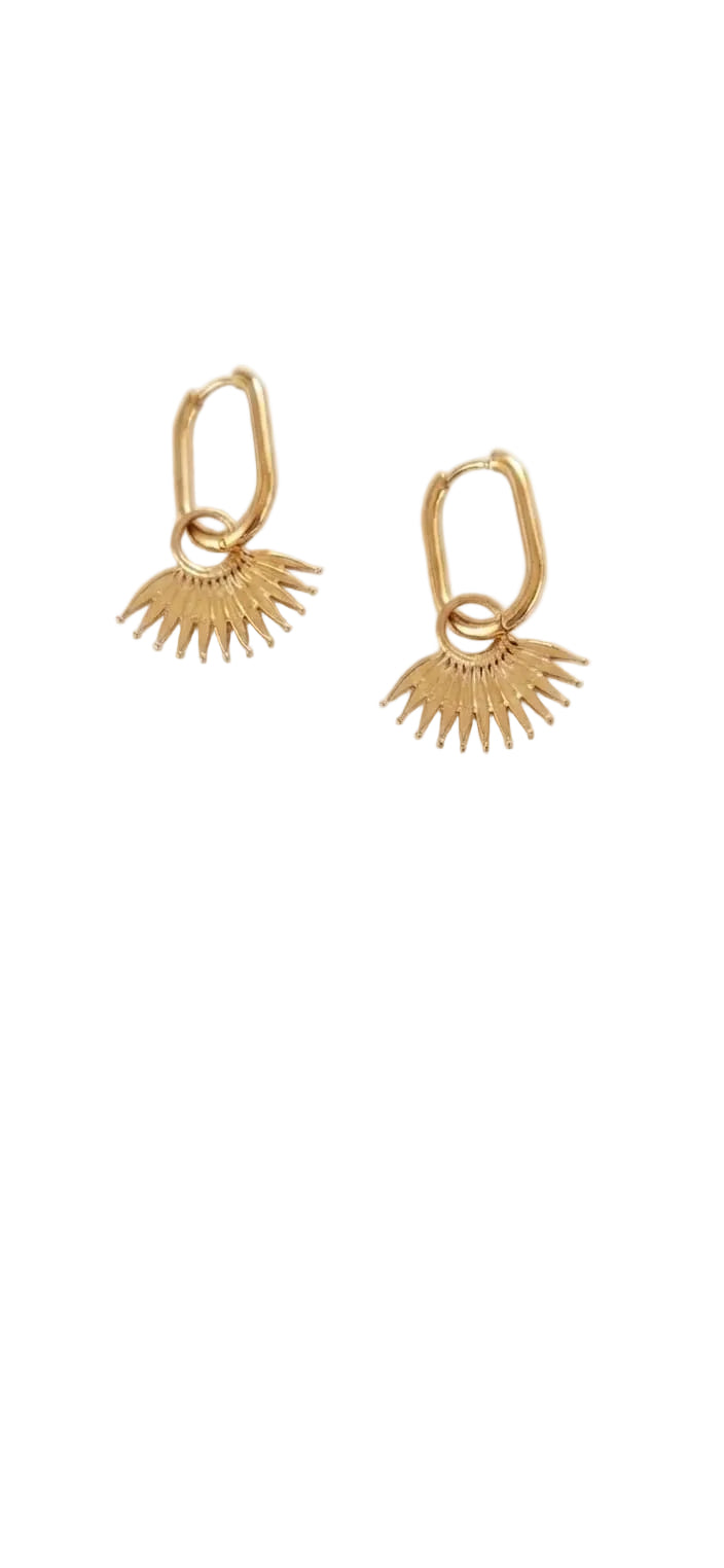 Gold Rectangular Hoop Earrings with Filigree Fan Design