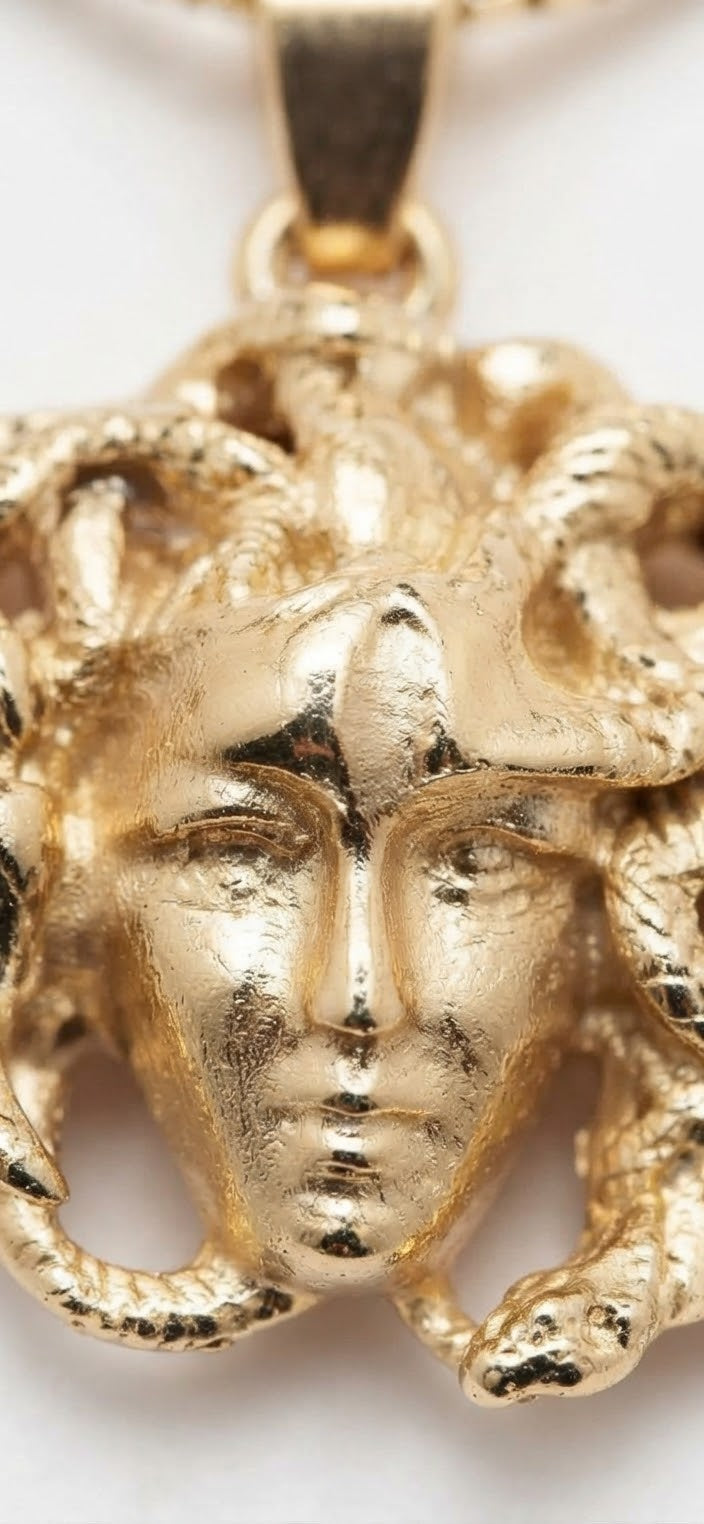 Colgante Medusa dorado sobre cadena box