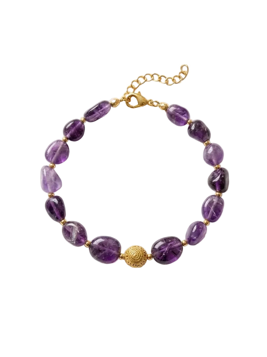 Pulsera de Amatista Natural con Entrepiezas de Acero Dorado y Cierre Mosquetón