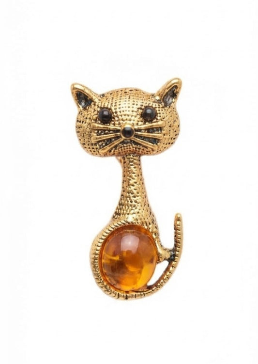 Broche gatito dorado con ámbar vista completa