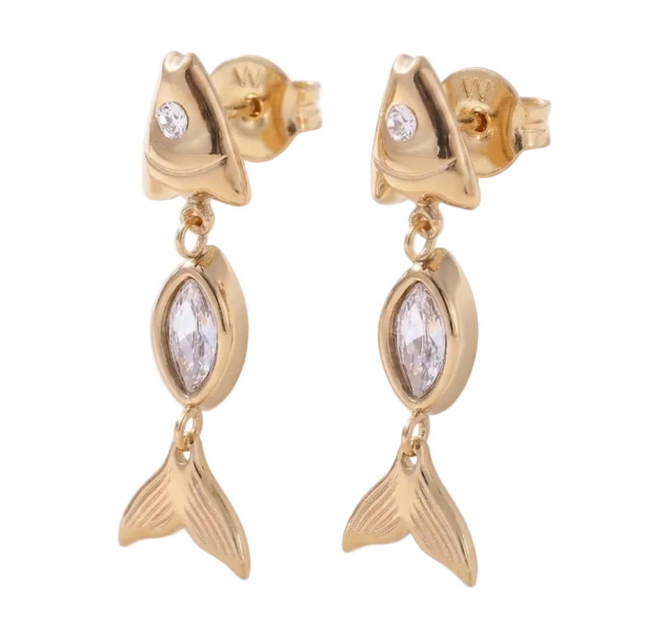 Pendientes Pez Articulado de Acero Dorado con Circonita