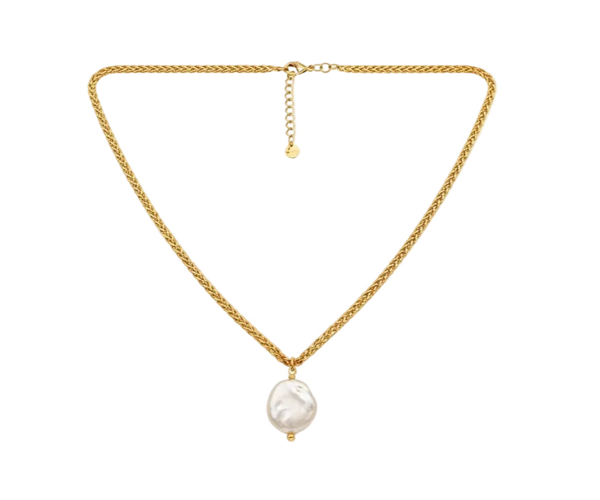 Collar Cadena Trenzada Dorada con Perla Moneda Sintética 14mm