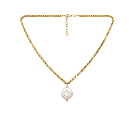 Collar Cadena Trenzada Dorada con Perla Moneda Sintética 14mm