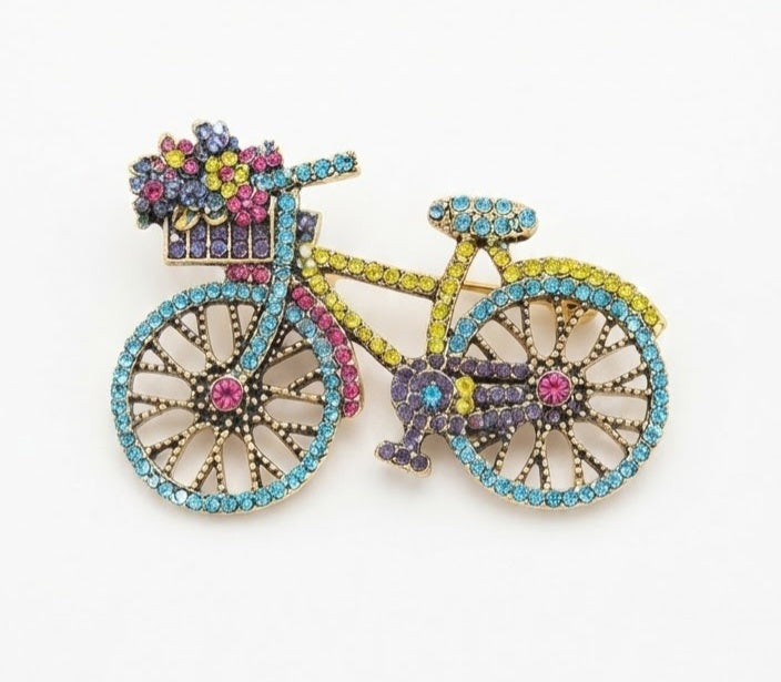 Broche bicicleta cristales turquesa y amarillo - vista completa