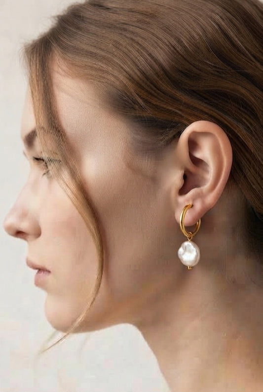 Gold Hoop Earrings with Synthetic Pearl