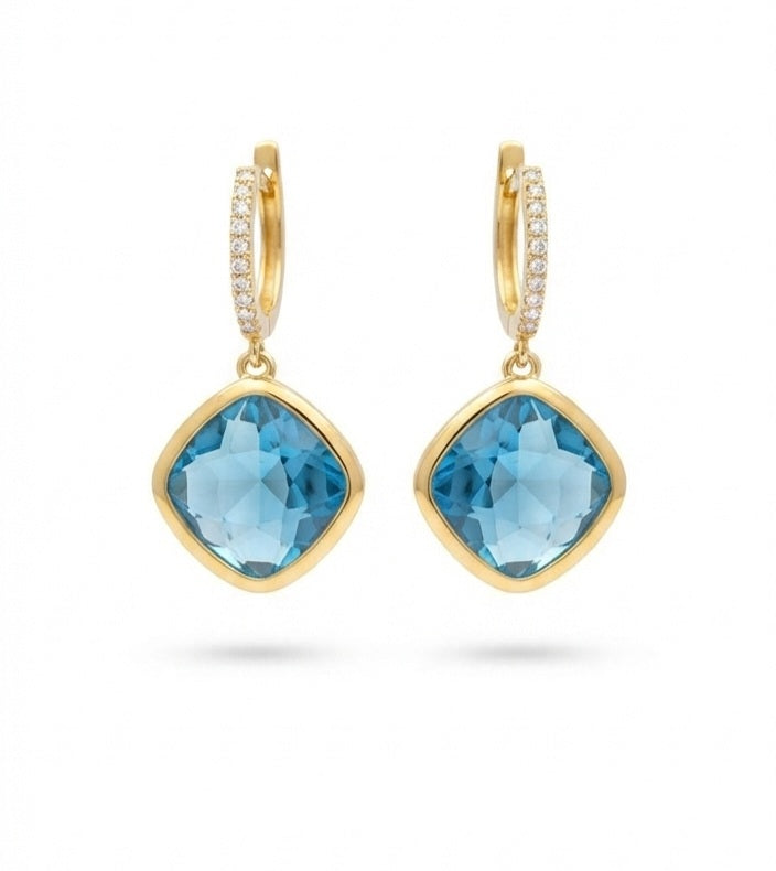 Cushion Aquamarine Drop Earrings with Gold Pavé Hoop