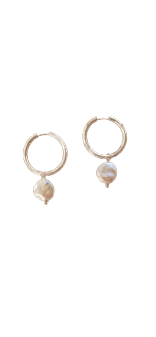 30mm Gold Plated Stainless Steel Hoop Earrings with Synthetic Pearl Pendant