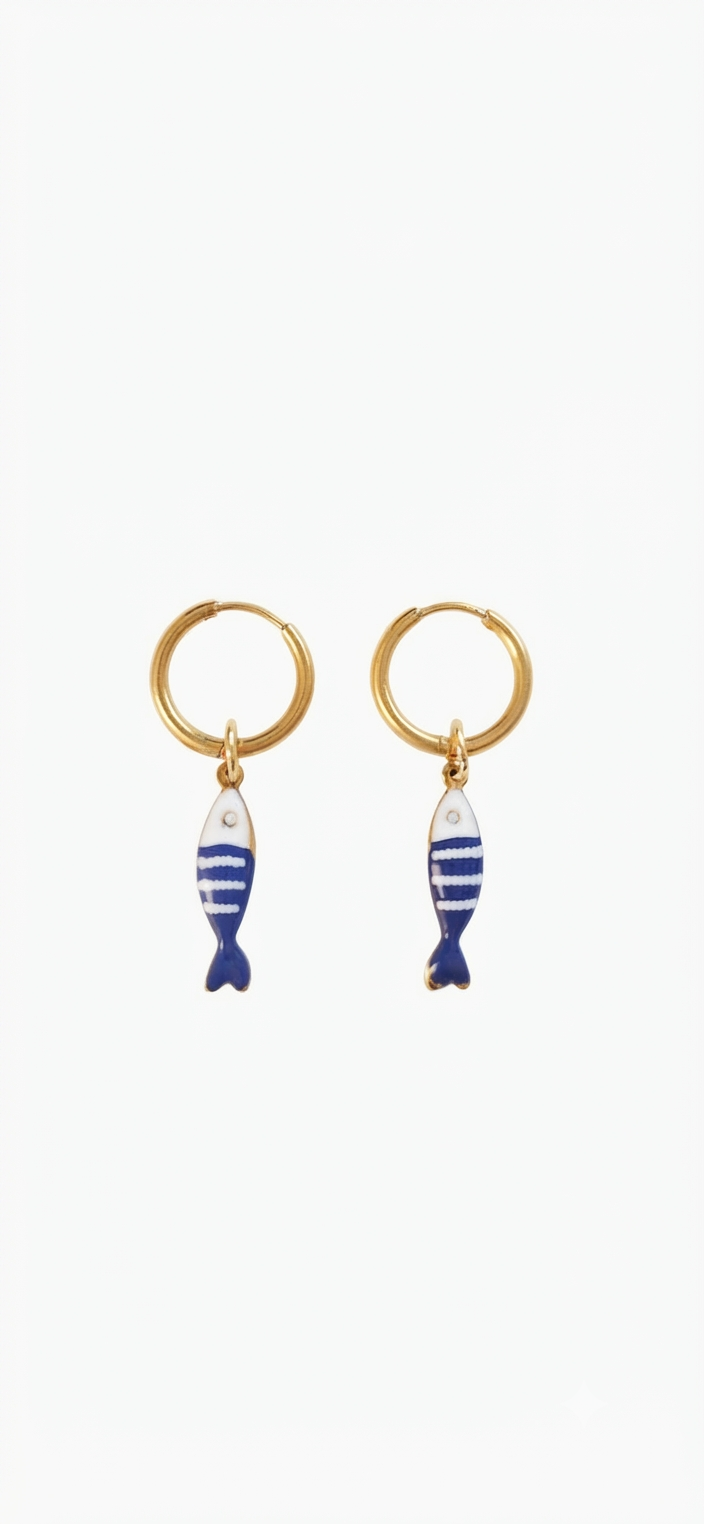 Pendientes aro pez esmaltado azul marino