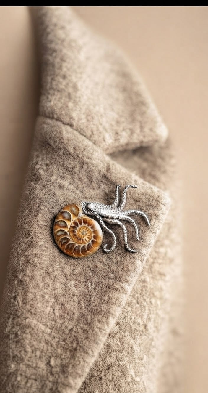 Broche amonite real pulpo aleación plateada - puesto en chaqueta