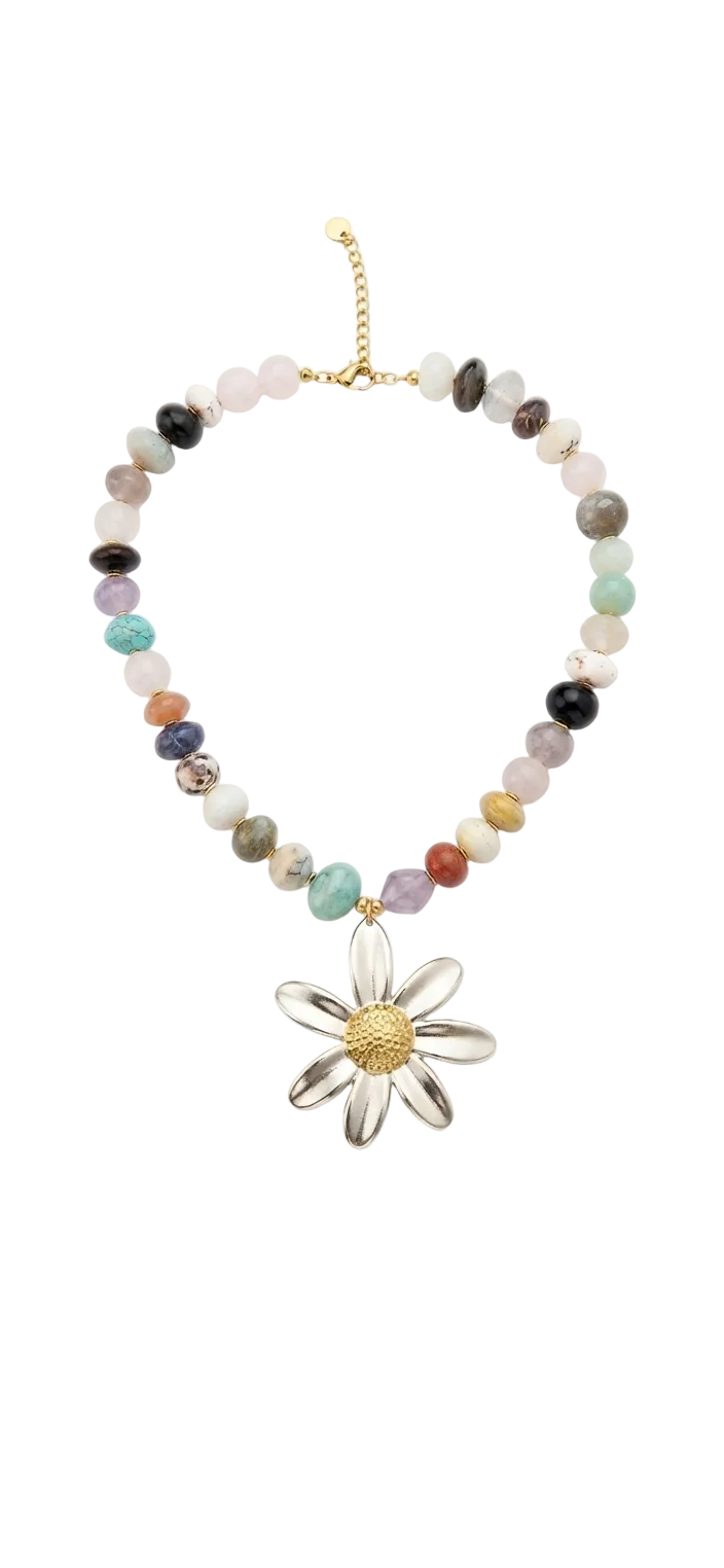 Collar de Piedras Naturales Semipreciosas con Colgante Margarita Bicolor