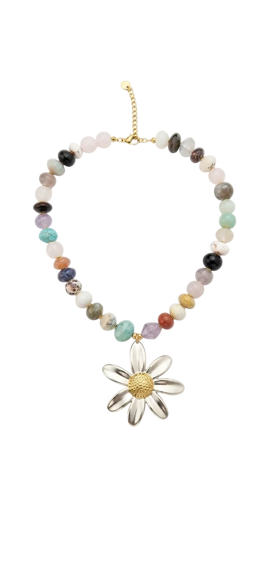 Collar de Piedras Naturales Semipreciosas con Colgante Margarita Bicolor