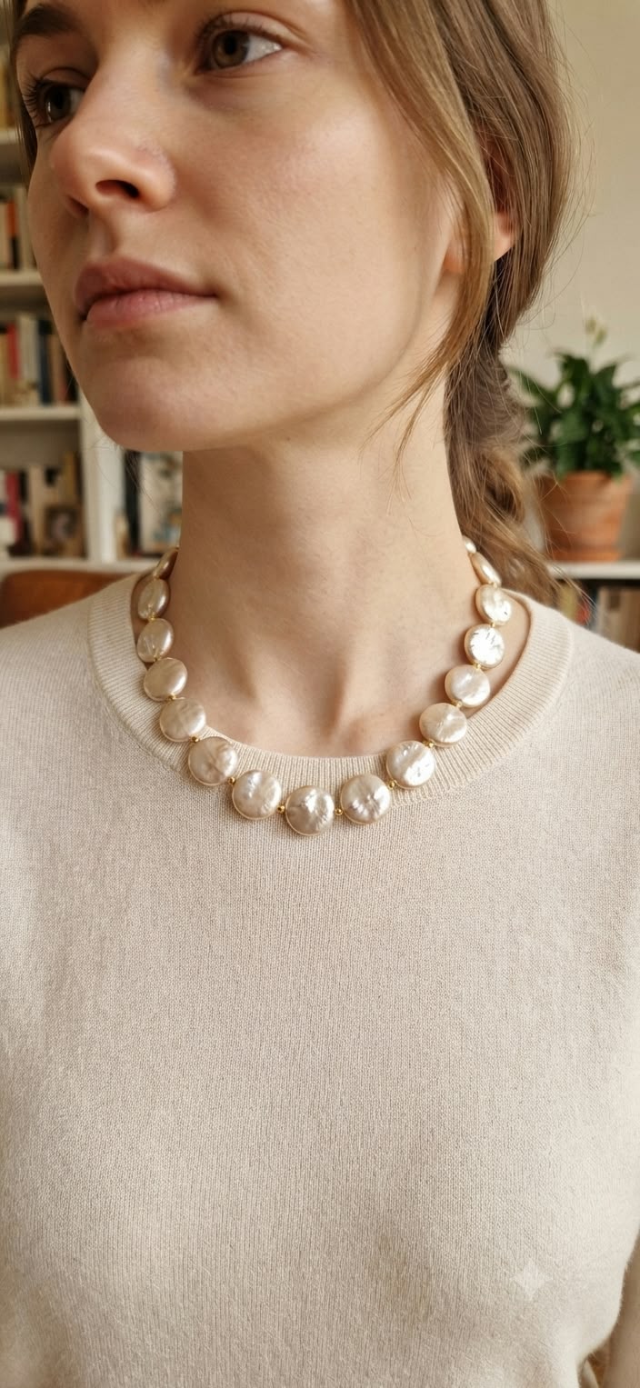 Collar Perlas Moneda Blancas Cierre Dorado