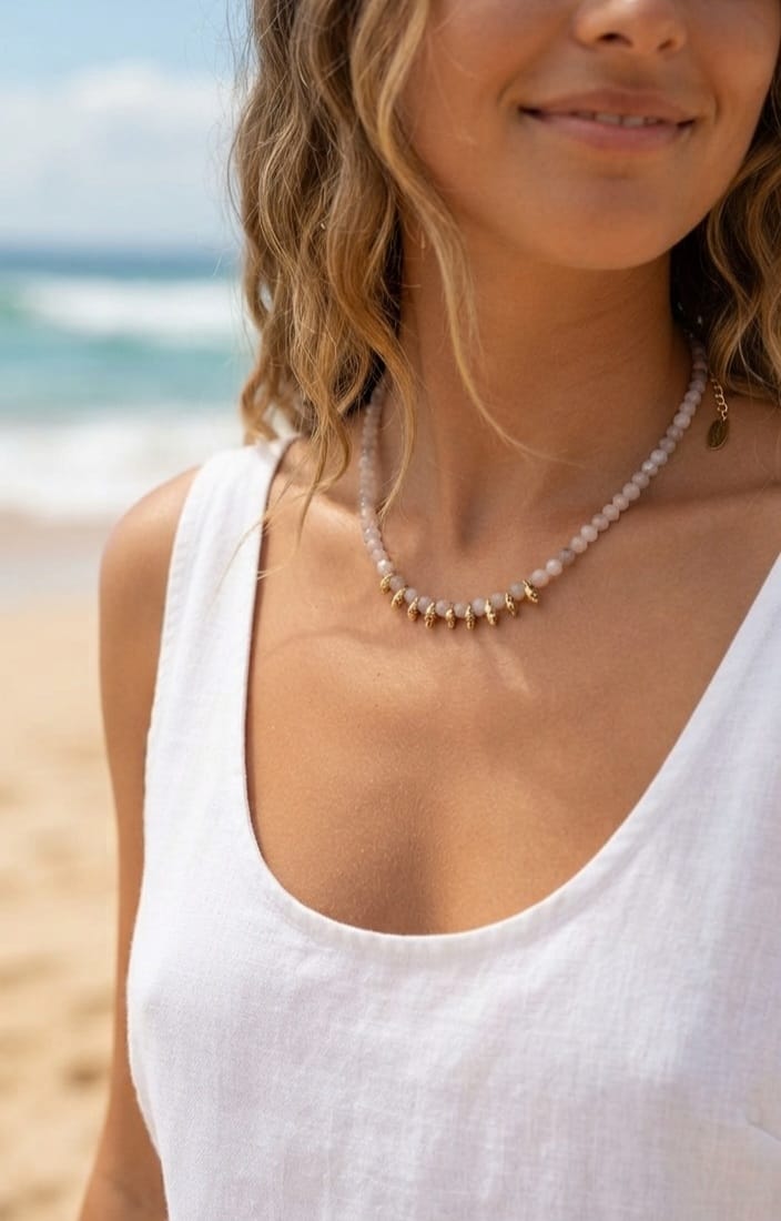 Detalle del collar de ópalo rosa con pepitas doradas en modelo en la playa