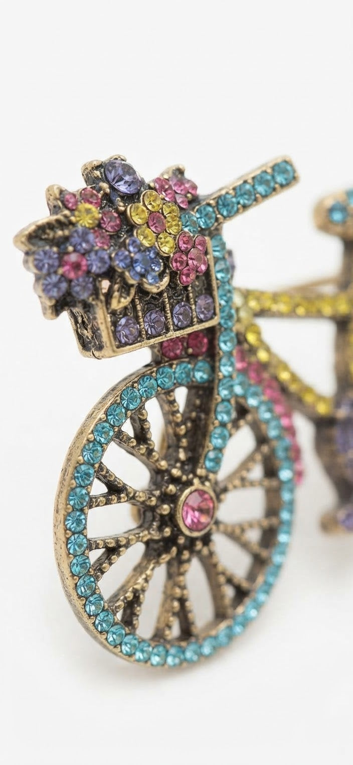 Broche bicicleta cristales turquesa y amarillo - detalle macro cestita flores