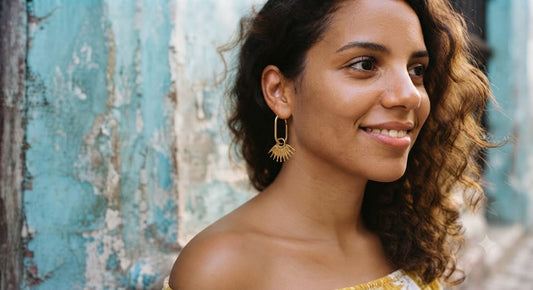Gold Rectangular Hoop Earrings with Filigree Fan Design